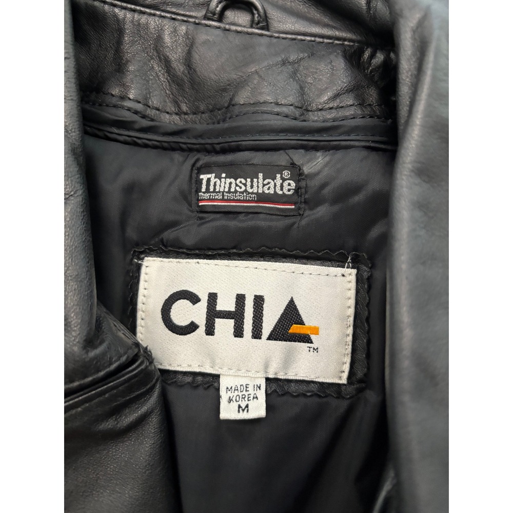 Vintage Chia Black Leather Biker Jacket Thinsulate Liner Belted Moto 2126 M - Picture 2 of 7